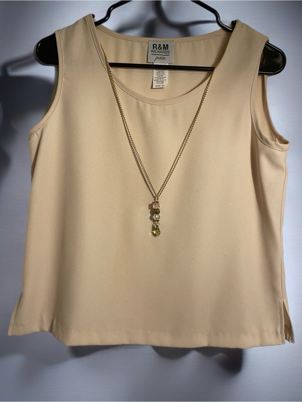 R&M Richards Petite Cream Sleeveless Shell with Gold Pendant
